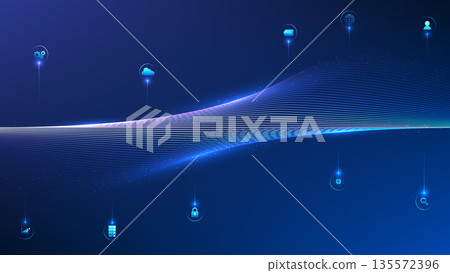 Deep Tech Technology Background, Abstract Data Wave Lines Blending Together with Icons, Advanced Innovation Concept, Digital Transformation, Big Data Analytics, AI and Future Technology Deep Tech Technology Background, Abstract Data Wave Lines Blending Together with Icons, Advanced Innovation Concept, Digital Transformation, Big Data Analytics, AI and Future Technology 135572396