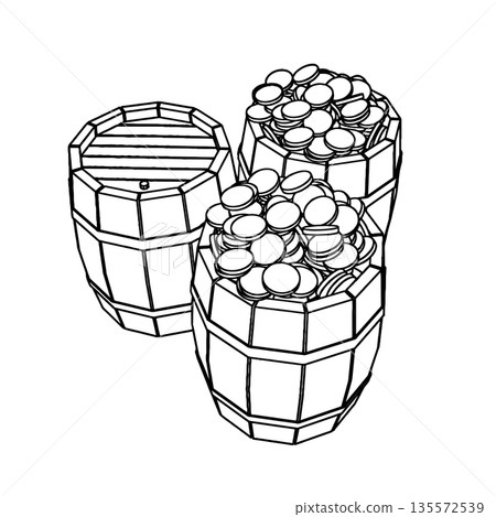 Outline for Coloring of Two Wooden Old Vintage filled by Gold Coins and One Closed Barrels. Vector Illustration. Outline for Coloring of Two Wooden Old Vintage filled by Gold Coins and One Closed Barrels. Vector Illustration. 135572539