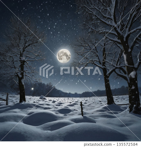 Snow falling on a moonlit night 135572584