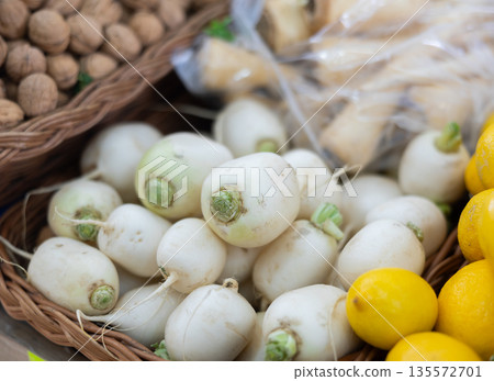 High quality imported eco rutabaga are grouped in shop window High quality imported eco rutabaga are grouped in shop window 135572701
