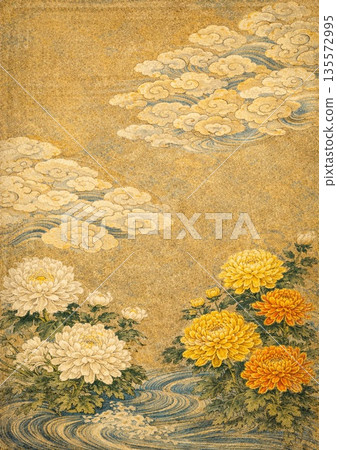 天空飄著吉雲，水邊盛開著菊花。 135572995