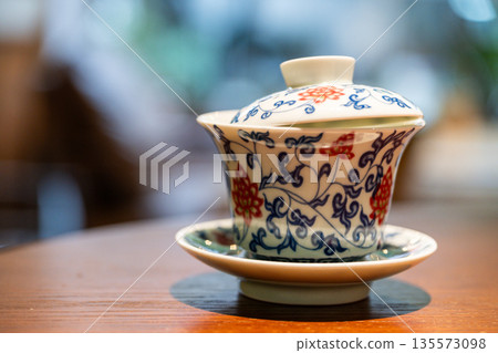 Traditional Chinese tea set on a wooden table in Chengdu, Sichuan 135573098