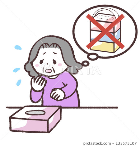 Illustration of a senior woman running out of tissues Illustration of a senior woman running out of tissues 135573107