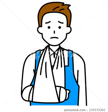 A man in an apron with a broken right arm A man in an apron with a broken right arm 135573301