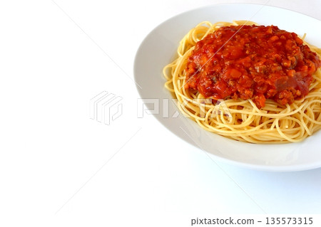 Homemade meat sauce spaghetti on white background 135573315