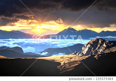 Dramatic AI-generated image of light shining on clouds 135573363