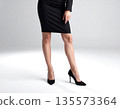 AI-generated image of a woman's bare feet and high heels in a knee-length skirt 135573364