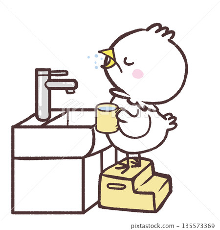 Illustration of a white bird gargling in the bathroom 135573369