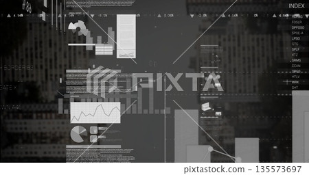 Overlay presenting graphs in city skyline, with bar, line and pie charts, indicators and index list 135573697