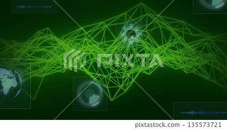 Animating wireframe mesh peaks on digital dashboard, with globe, circular HUD, waveform panels Animating wireframe mesh peaks on digital dashboard, with globe, circular HUD, waveform panels 135573721