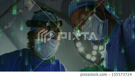 Leaning two surgeons with headlamps performing surgery in OR, with green binary code overlay Leaning two surgeons with headlamps performing surgery in OR, with green binary code overlay 135573724