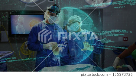 Studying two surgeons wearing blue gowns reviewing brain hologram at OR table, with code overlays Studying two surgeons wearing blue gowns reviewing brain hologram at OR table, with code overlays 135573725