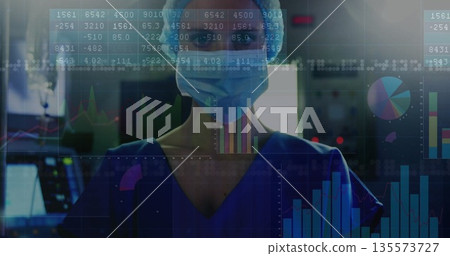 Monitoring nurse wearing scrubs mask and cap analyzing data in control room, with digital charts Monitoring nurse wearing scrubs mask and cap analyzing data in control room, with digital charts 135573727