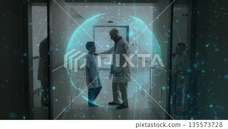 Placing hand on shoulder doctor in lab coat soothing patient in hospital corridor, digital hologram Placing hand on shoulder doctor in lab coat soothing patient in hospital corridor, digital hologram 135573728