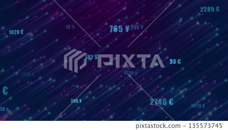Streaming neon diagonal light streaks across data network dashboard, with floating currency values Streaming neon diagonal light streaks across data network dashboard, with floating currency values 135573745