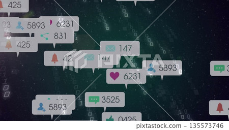 Floating notification bubbles showing social media icons with counters over dark data stream Floating notification bubbles showing social media icons with counters over dark data stream 135573746