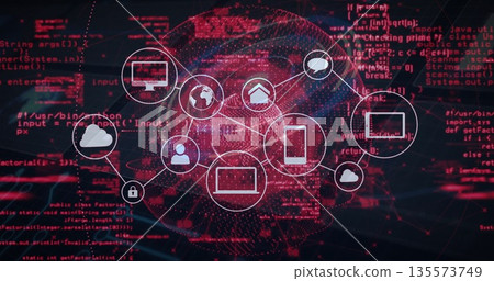 Displaying network diagram connecting cloud, phone and padlock icons on digital interface with code Displaying network diagram connecting cloud, phone and padlock icons on digital interface with code 135573749