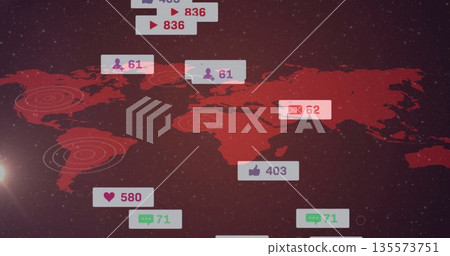 Displaying stylized red world map on starry sky, with floating social media icons and radar rings Displaying stylized red world map on starry sky, with floating social media icons and radar rings 135573751