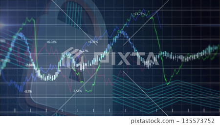 Displaying finance chart tracking trend lines on screen, with candlestick and percentage markers Displaying finance chart tracking trend lines on screen, with candlestick and percentage markers 135573752