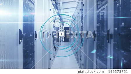 Radiating digital padlock icon glowing over data center corridor, with server racks, cable trays 135573761