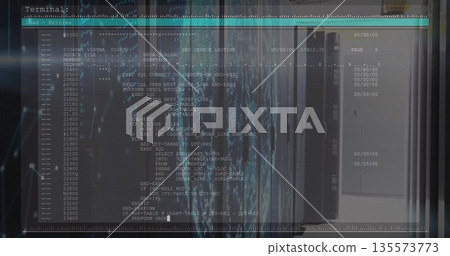 Displaying server cabinets with blinking lights and cables in data center aisle with SQL overlay Displaying server cabinets with blinking lights and cables in data center aisle with SQL overlay 135573773
