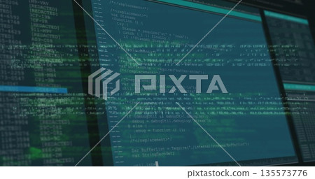 Displaying multi-monitor code with terminal and editor panels at workstation, with digital overlay Displaying multi-monitor code with terminal and editor panels at workstation, with digital overlay 135573776