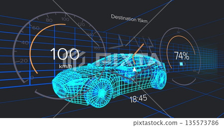 Floating cyan wireframe car gliding through blue grid tunnel, with speedometer and battery gauges Floating cyan wireframe car gliding through blue grid tunnel, with speedometer and battery gauges 135573786