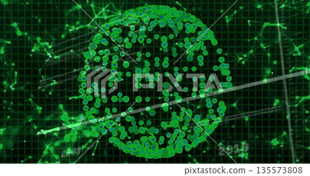 Displaying spherical green node network at digital grid interface, with diagonal scanning lines 135573808
