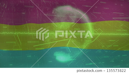 Spinning point cloud sphere over screen, featuring numeric labels, dotted lines and color bands 135573822