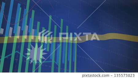 Showing green-blue bar charts on dashboard, with yellow and red lines, starburst icon, grid overlay 135573823