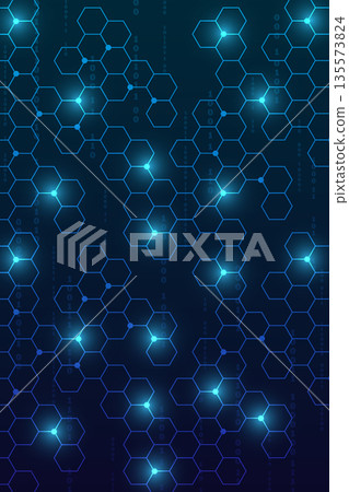 Vertical dark blue technology background with digital numbers and full hexagon grid 135573824