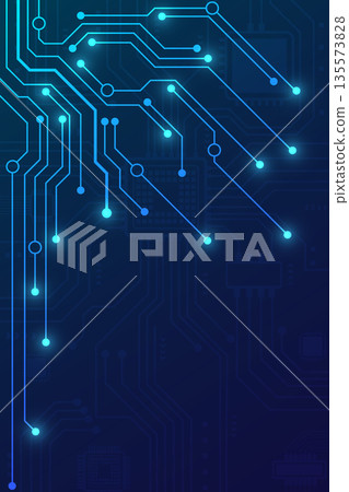 Abstract vertical blue technology background with glowing circuit lines and digital dots 135573828