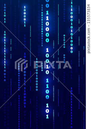 Vertical dark blue technology background with falling glowing digital number rain pattern Vertical dark blue technology background with falling glowing digital number rain pattern 135573834