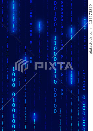 Vertical dark blue technology background with falling glowing digital number rain pattern Vertical dark blue technology background with falling glowing digital number rain pattern 135573839