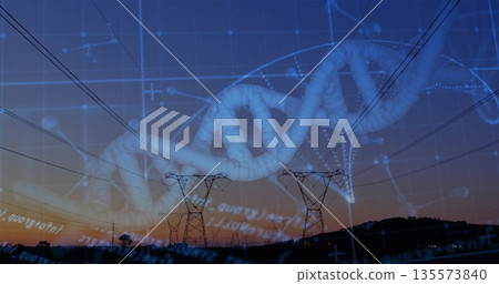Showing 3D DNA helix spiraling over twilight hills, with towers lines digital grid and data streams 135573840