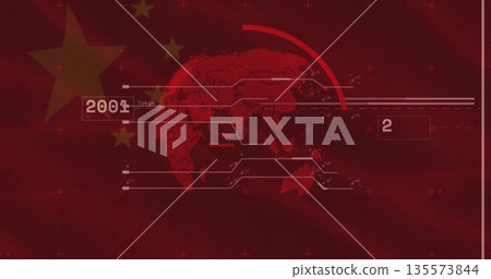Displaying world map streaming data lines in digital graphic, with nodes, 2004-Tokyo, box2, stars 135573844