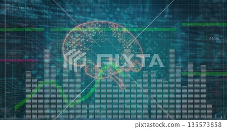 Showing brain circuit diagram, bars, green line on teal grid, with code overlays, numeric readouts Showing brain circuit diagram, bars, green line on teal grid, with code overlays, numeric readouts 135573858