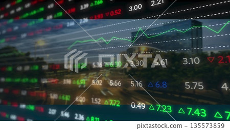 Displaying overlay on street at night, with price numbers, dotted lines, arrows, rising green graph Displaying overlay on street at night, with price numbers, dotted lines, arrows, rising green graph 135573859