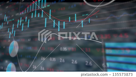 Displaying financial dashboard screen in trading office, with colored bar charts and line graphs Displaying financial dashboard screen in trading office, with colored bar charts and line graphs 135573873