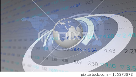 Presenting 3D Earth globe rotating in abstract dashboard, with orbital rings and numeric overlays 135573878