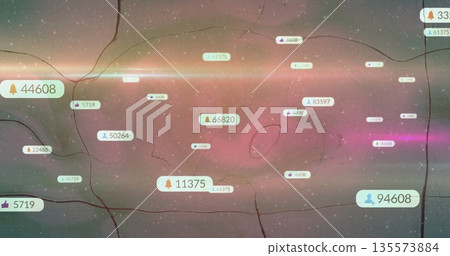Drifting notification badges floating across cosmic visualization, with icons and numeric counts Drifting notification badges floating across cosmic visualization, with icons and numeric counts 135573884