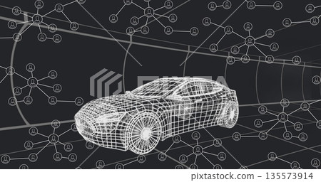 Presenting wireframe car model floating in digital tunnel environment, with network node icons Presenting wireframe car model floating in digital tunnel environment, with network node icons 135573914