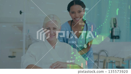 Smiling nurse in scrubs with stethoscope checking gown-clad patient in recovery room, with IV pump Smiling nurse in scrubs with stethoscope checking gown-clad patient in recovery room, with IV pump 135573920