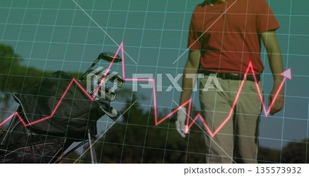 Standing golfer wearing red polo and white glove on fairway, with golf bag and graph overlay Standing golfer wearing red polo and white glove on fairway, with golf bag and graph overlay 135573932