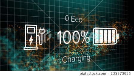 Showing eco charging display with leaf, pump, battery icons, Eco 100% Charging on dark teal grid 135573935