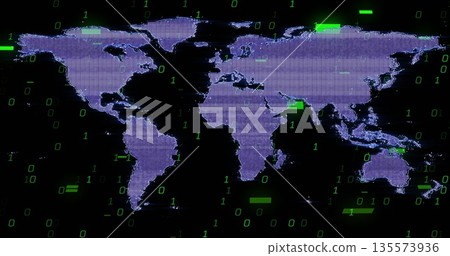 Pixelated purple world map displaying in virtual space, with green binary code and glitch bars 135573936
