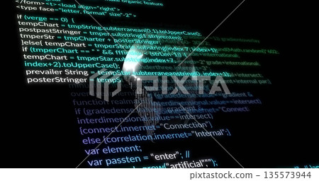 Floating programming code lines surrounding glowing wireframe globe in virtual digital interface Floating programming code lines surrounding glowing wireframe globe in virtual digital interface 135573944