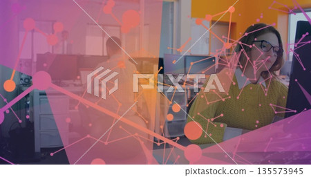 Typing female employee wearing sweater and glasses at desk in office, network overlay, copy space Typing female employee wearing sweater and glasses at desk in office, network overlay, copy space 135573945