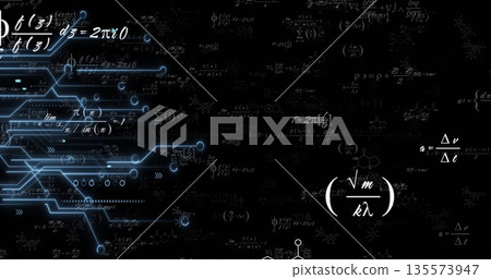 Displaying neon-blue circuit network intersecting math formulas on black background, copy space Displaying neon-blue circuit network intersecting math formulas on black background, copy space 135573947
