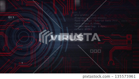 Displaying glowing 'VIRUS' warning text on security dashboard, with red circuit traces and code Displaying glowing 'VIRUS' warning text on security dashboard, with red circuit traces and code 135573961